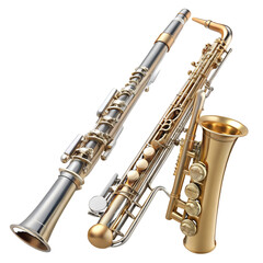 Obraz premium Silver and gold wind instruments isolated on a transparent background