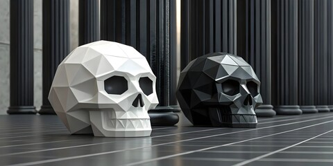 Geometric low poly skulls in black and white, modern minimalist design with classical columns minimalistic Halloween background