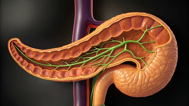 Detailed 3D rendering of the human pancreas (tan) and spleen (brown), showcasing their internal structures and the connecting ducts (green)