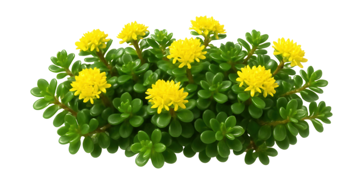 Dense tuft of dwarf sedum with fleshy, green leaves and yellow flower clusters