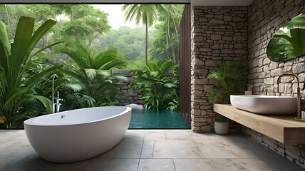 Fototapeta premium 3d Tropical bathroom with stone walls and contemporary minimal design with jungle view and palms
