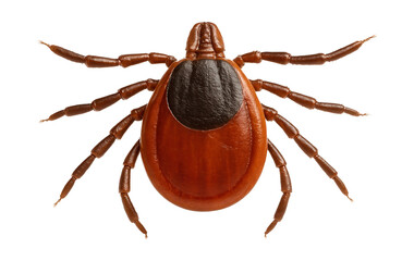 Flat, oval-bodied deer tick with a reddish-brown color and dark scutum