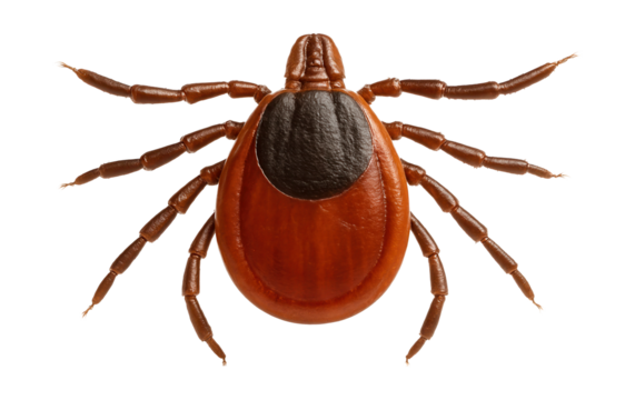 Flat, oval-bodied deer tick with a reddish-brown color and dark scutum