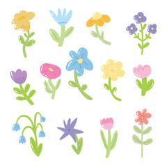 Charming vector illustration of flowers including daisies, gerberas, bells and tulips. Perfect for floral-themed projects, home decor and printables.