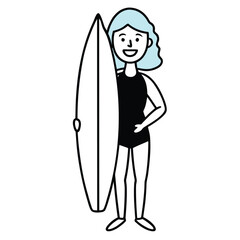Stylized cartoon girl surfer with a vibrant pink surfboard enjoying a sunny day at the beach