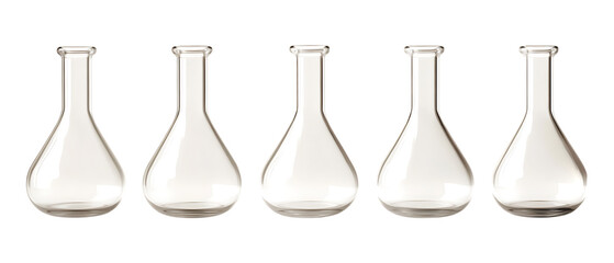 Pack Collection Five Empty Erlenmeyer Flasks Lab Glassware Chemistry Equipment Science Experiment set against transparent background