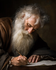 Close up portrait of an elderly man with a long white hair and beard, dressed in dark clothing, depicting saint, apostle, prophet or a wise man, writing on a piece of paper. 
