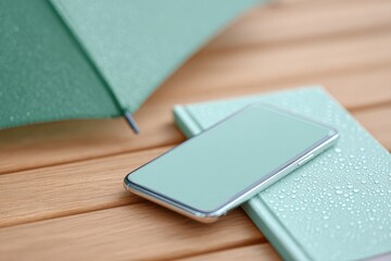 flat-lay of storm-tracking app on smartphone beside rain-drenched notebook and umbrella