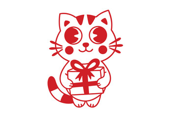 Red and white cat is holding a gift box with a bow happily