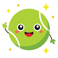 Adorable anime eyed tennis ball mascot character design with energetic sparkle elements