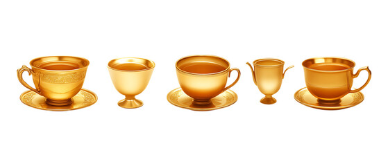 Pack Collection Gold Cups Teacups and Goblets Elegant Golden Drinkware Collection for Luxury Branding set against transparent background