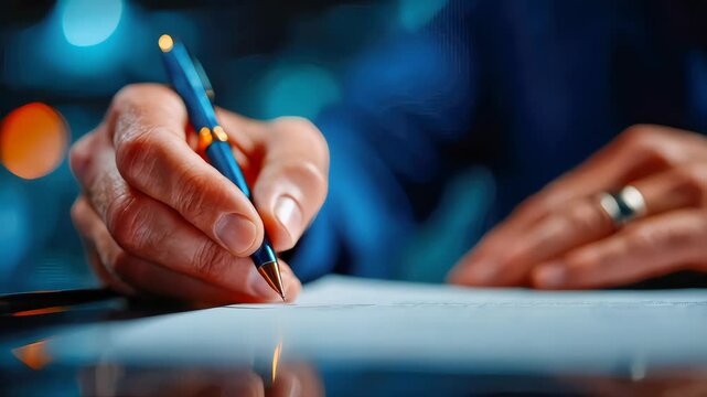 Macro shot of a hand holding a pen signing a document, symbolizing contract agreements, legal validation, or business paperwork