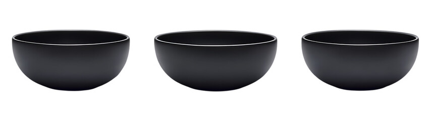 Pack Collection Three Black Bowls Minimalist Product Photography set against transparent background