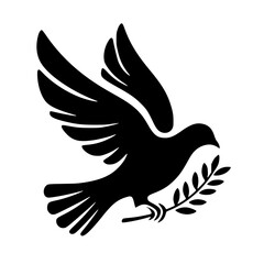 Obraz premium Minimalist Black SVG Silhouette of a Peace Dove with Olive Branch for Anti-War and Global Peace Design Projects