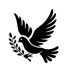 Obraz premium Minimalist Black SVG Silhouette of a Peace Dove with Olive Branch for Anti-War and Global Peace Design Projects