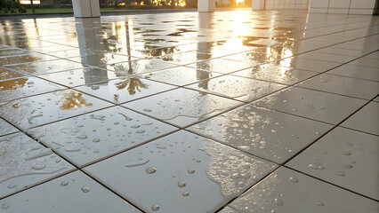 Sunlight reflecting on wet tiles creating a shiny surface with water droplets and reflections of trees - ai generated