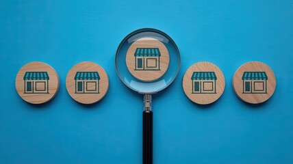 Magnifying glass focused on a wooden disc with a shop icon highlighting one of many retail locations on a blue background