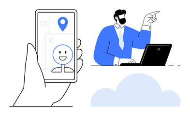Hand holding smartphone with location pin and happy face, man with laptop pointing, cloud element. Ideal for technology, navigation, remote work, collaboration, connectivity, location services