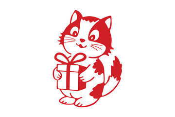 Red kitten happily presents a wrapped gift with ribbon on a white backdrop
