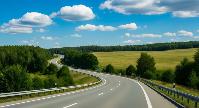 Winding asphalt road curves through a picturesque landscape of green fields and lush forests under a vibrant blue sky dotted with fluffy white clouds.