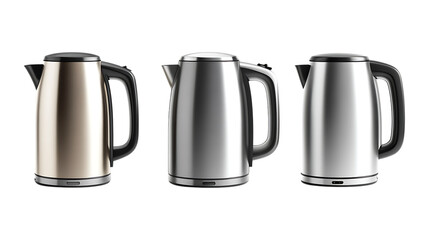 Pack Collection Three Elegant Electric Kettles Champagne Silver and Stainless Steel set against transparent background