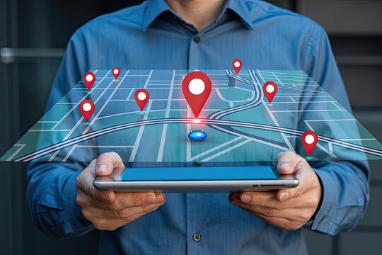Man holding a tablet displaying a futuristic holographic map with multiple red location pins and a blue vehicle icon