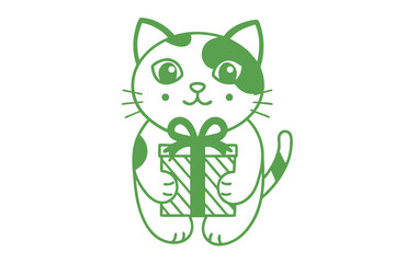 Simple green cat holds a striped present, offering a minimal style gift