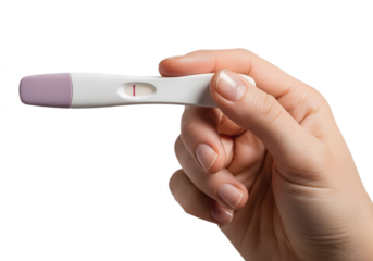 Negative pregnancy test held in hand on transparent background, single-use test strip, not pregnant result, fertility awareness