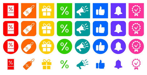 Set of marketing icons. Announcement, like, subscribe, bell, and quality sign. Set of multicolored round and square icons. Promotion, sale. Discount voucher, label, percent, gift.