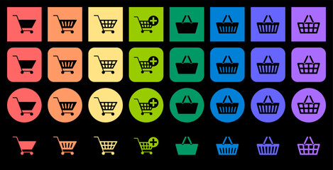 Set of shopping cart and basket icons. Set of multicolored round and square icons on a black background	
