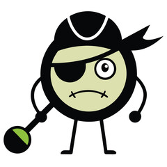 Playful pirate tennis ball mascot with a classic eye patch and a tin can accessory