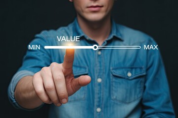 Man s finger touching a digital slider interface adjusting a value between minimum and maximum on a dark background