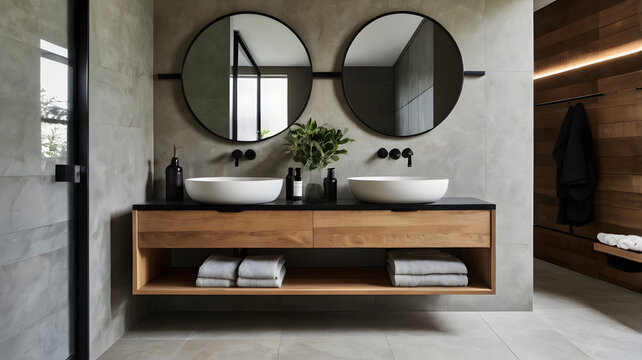 Ensuite bathroom with wall mounted timber vanity and black sink and pill shaped mirrors. Luxury hotel and plats