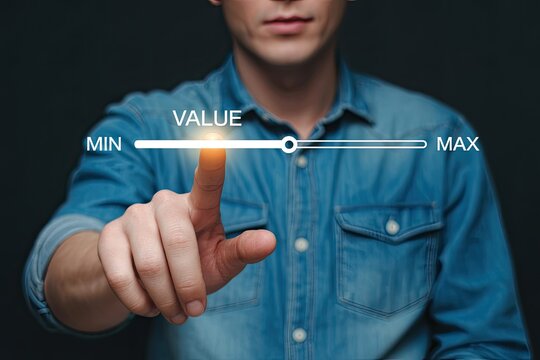 Man s finger touching a digital slider interface adjusting a value between minimum and maximum on a dark background