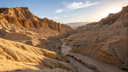 Aerial view of a canyon landscape with layered rock formations under a bright sky at sunset light - ai generated