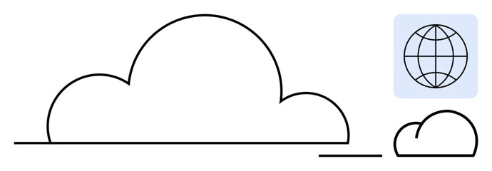 Line art of large and small cloud shapes with a globe, representing connectivity, networking, data storage, and global communication. Ideal for technology, internet, cloud computing, global outreach
