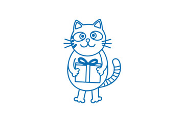 Smiling line art cat cheerfully presents a square gift tied with a bow