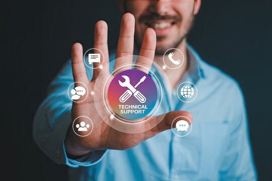 Man s hand touching a digital interface displaying icons for technical support services and communication channels for customer assistance