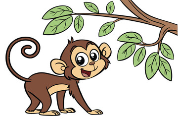 Naklejka premium Happy cartoon monkey curiously exploring near a leafy branch, showcasing its playful expression