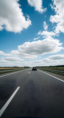 Fototapeta premium Car driving on a straight highway under a bright blue sky with fluffy white clouds.