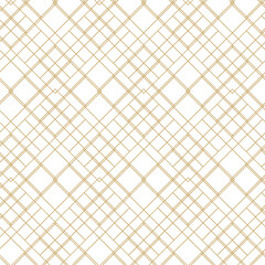 Geometric vector seamless pattern with crossed lines, triangles, squares abstract background. Simple minimalistic gold and white design. Single color, gold and white.