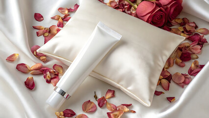 Cosmetic tube on silk pillow with rose petals creating a serene and luxurious presentation view - ai generated