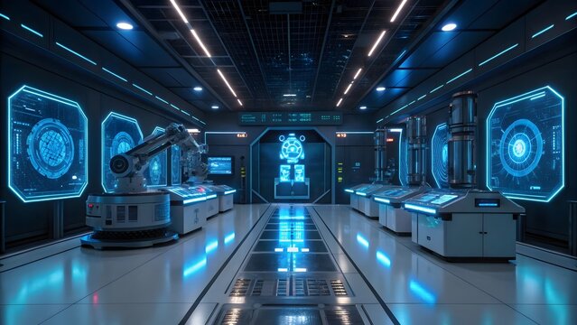 High-Tech Futuristic Laboratory Interior with Holographic Displays and Robotic Arm