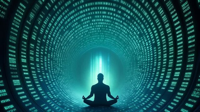 Silhouette of person meditating inside futuristic tunnel with digital binary code walls, glowing turquoise light at tunnel end, representing technology and mindfulness convergence.
