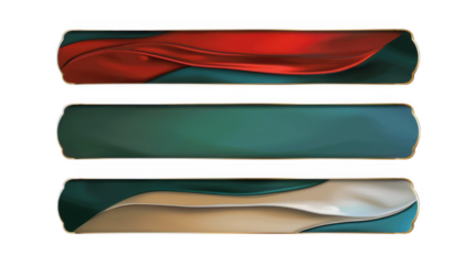Three decorative banners with flowing fabric textures and gold trim isolated on transparent background