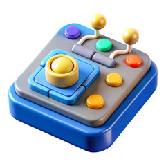 3D Stylized retro arcade game controller with colorful buttons and joysticks isolated on transparent background