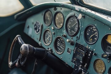 Cockpit controls of an aircraft showcasing vintage design and instrumentation, Controls in the cockpit of an airplane