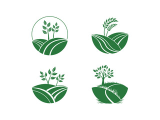 Modern Agriculture Farm Logo Set Eco Farming & Organic Field Landscape Icons Minimal Green Nature Emblem for Sustainable Agriculture Branding