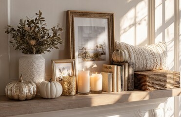 Autumn still life composition with burning candles, pumpkins, and knitted pillow