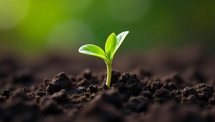 Fototapeta premium Single Green Sprout Emerging From Dark Compost, a Symbol of New Life and Growth, created with generative ai